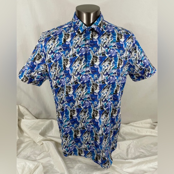 Robert Graham Men's Blue Multi Abstract Button Down Short Sleeve Shirt XL